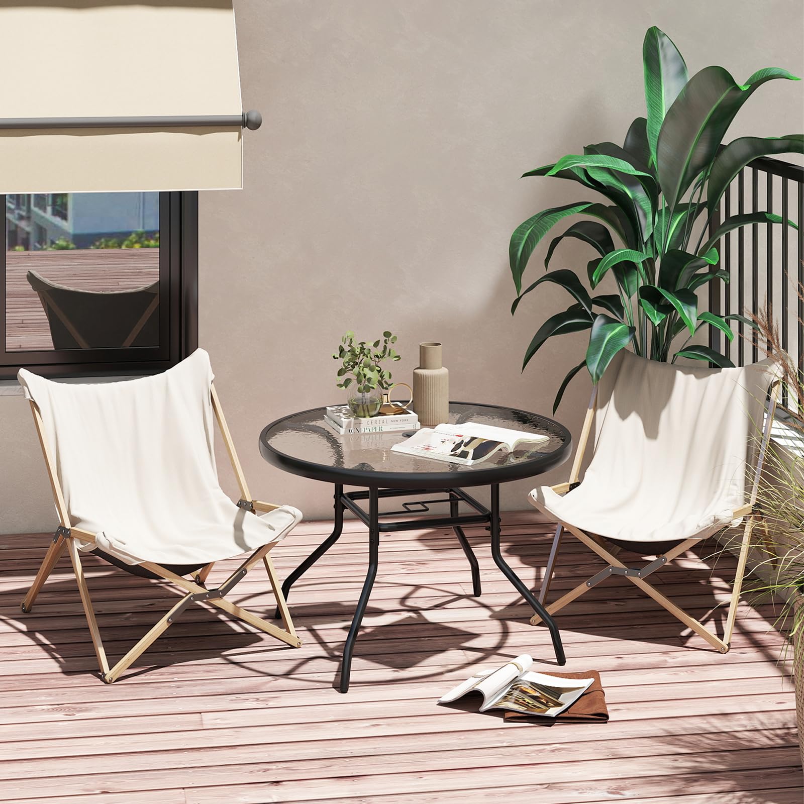 COSTWAY Tavolino Esterno in Metallo e Vetro, Tavolino da Bistro con Foro per Ombrellone 4,2 cm, Tavolo per Giardino Balcone Cortile, Portata 50 kg (70 x 45,5 cm)