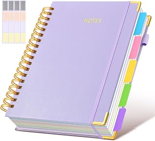 dilitego Purple Leather 5-Subject Spiral Notebook: 300 College Ruled Pages, Removable Dividers & Tabs, 8x10 B5 Hardcover Journal for School Work