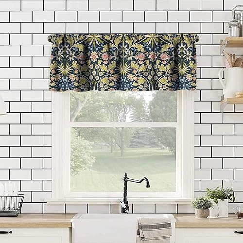 Miniatura 2 de William Morris - Cortina de ventana con diseño floral bohemio, diseño de pájaros y fresas, para decoración de ventana del hogar, cocina, cafetería,