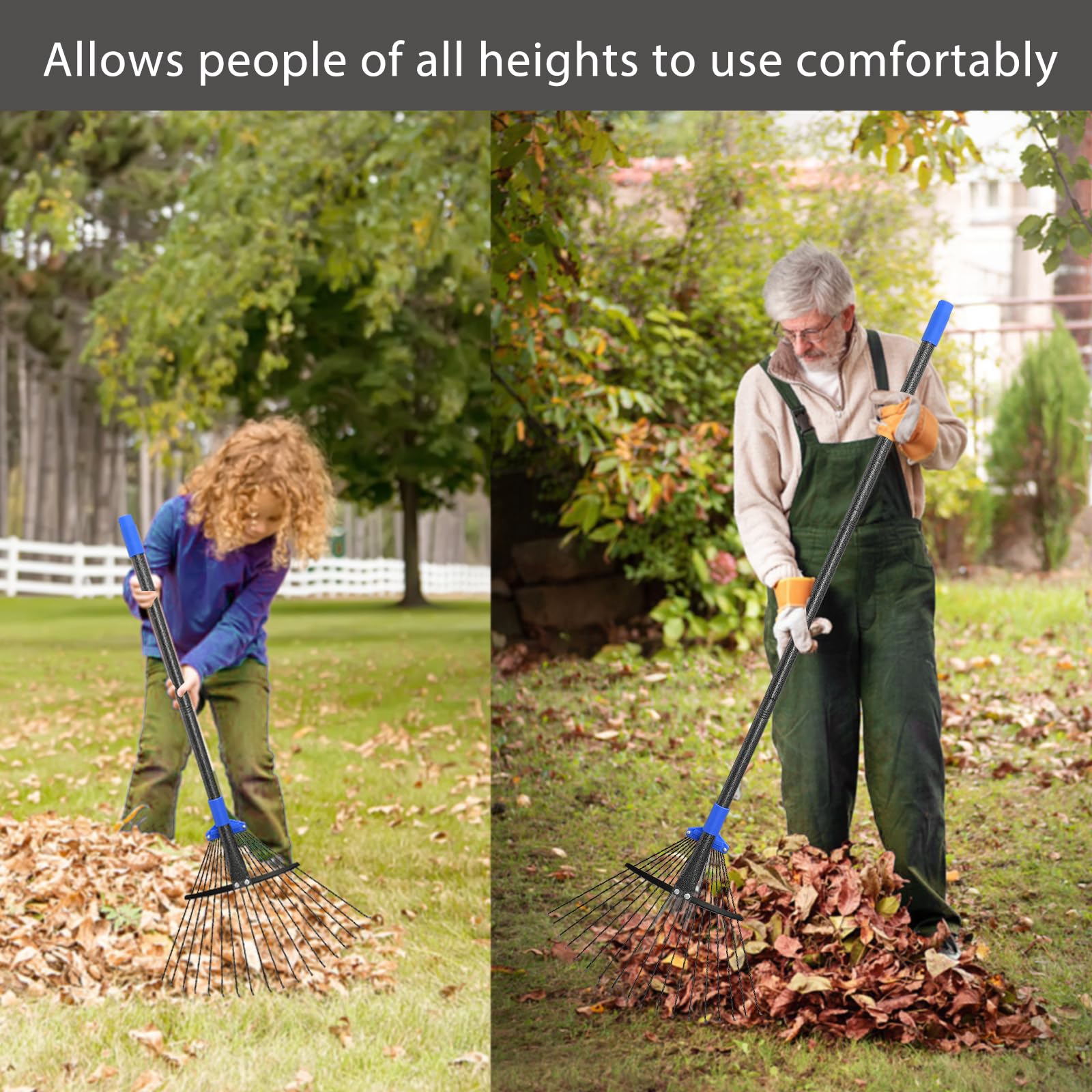 Rastrillo de hojas ajustable para hojas, rastrillo de jardín de metal de 5 pies con cabeza expandible de 7 a 16 pulgadas, rastrillos pequeños para césped, jardinería, camping, resistente