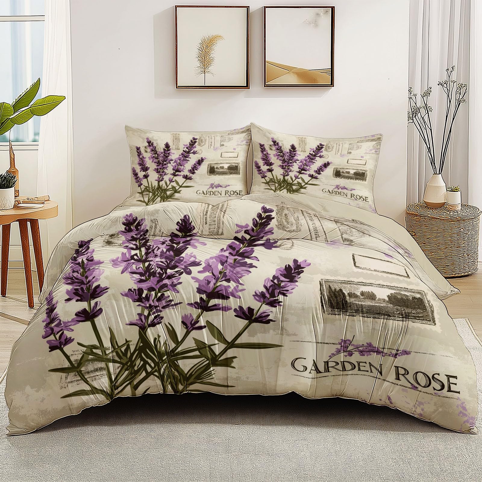 Dwustronna poszwa na kołdrę z mikrofibry 240 x 260 cm - Retro Lavender Pad Super miękka poszwa na kołdrę z zamkiem błyskawicznym, można prać w pralce - beżowa 2 poszewki na poduszki