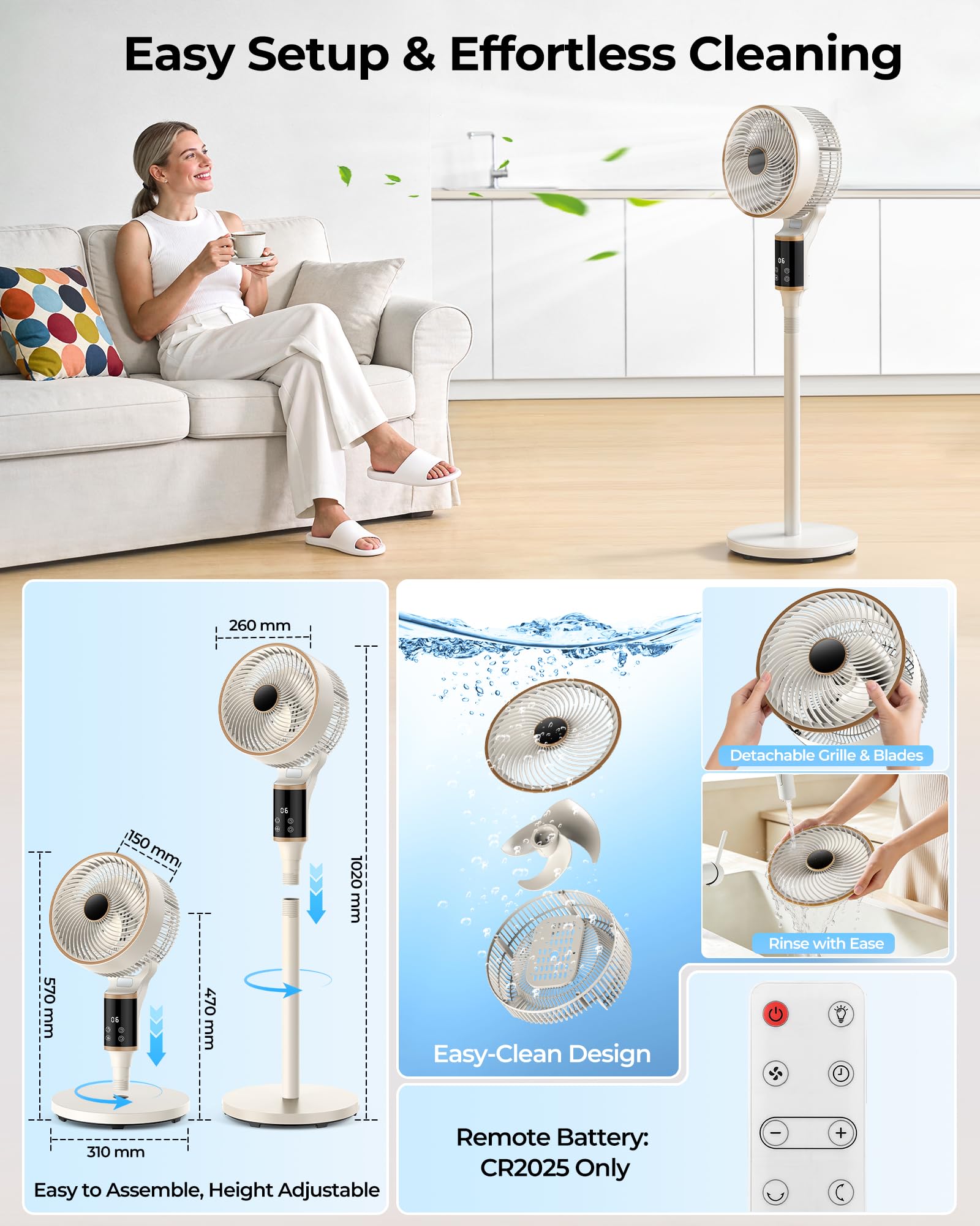 Ventilatore a Piantana Silenzioso, DC Ventilatore Silenzioso Potente con Telecomando 60°+90° Oscillazione , 102CM Altezza ,12 Velocità, Timer 12H Altezza Regolabile (L)