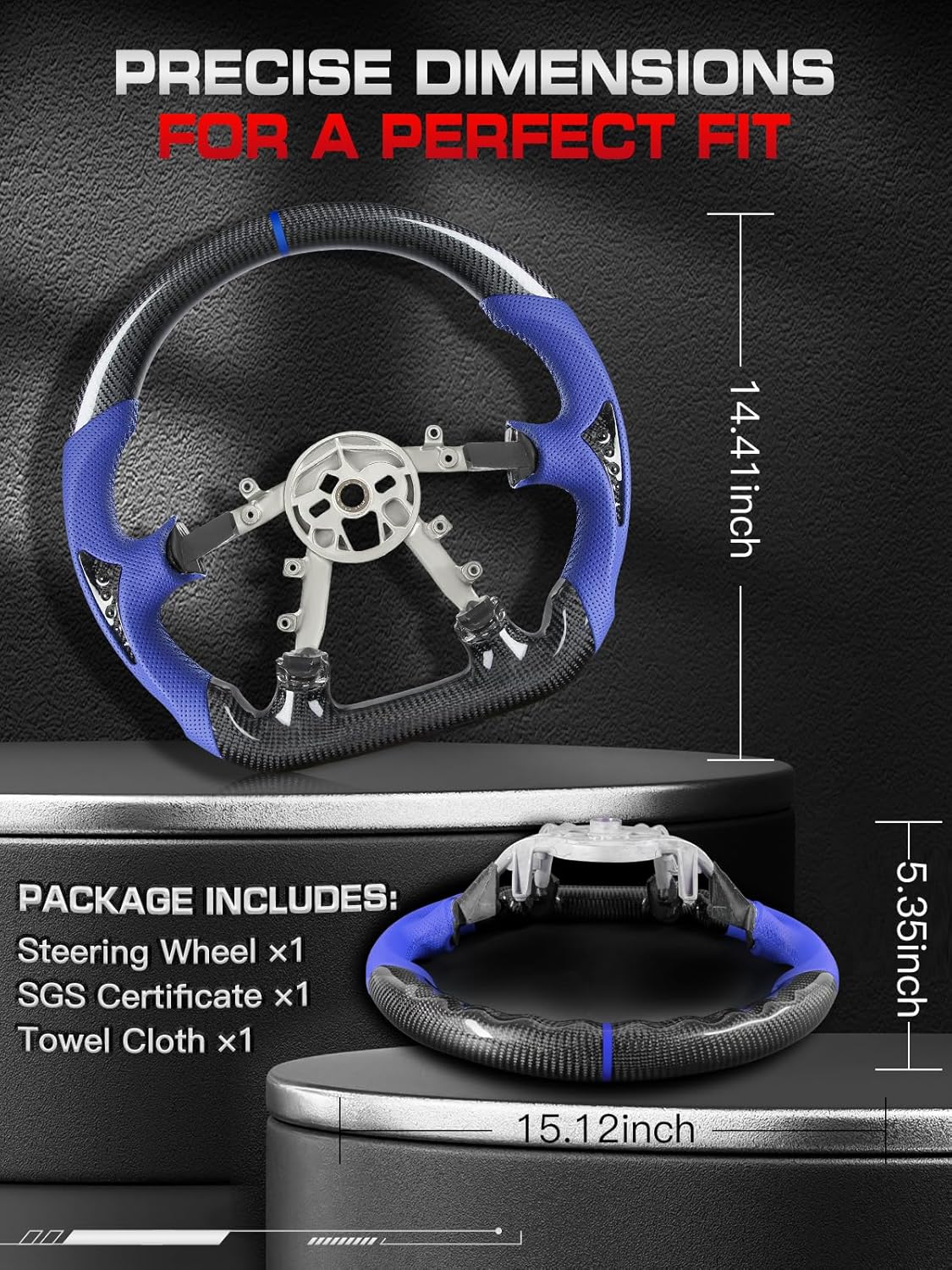 Real Carbon Fiber Steering Wheel for Corvette C5 1997–2004, D-Shaped Flat-Bottom, Blue Nappa Perforated Leather with Blue Stripe & Stitching, Black Carbon Fiber Inlay, for C5 Base/Z06