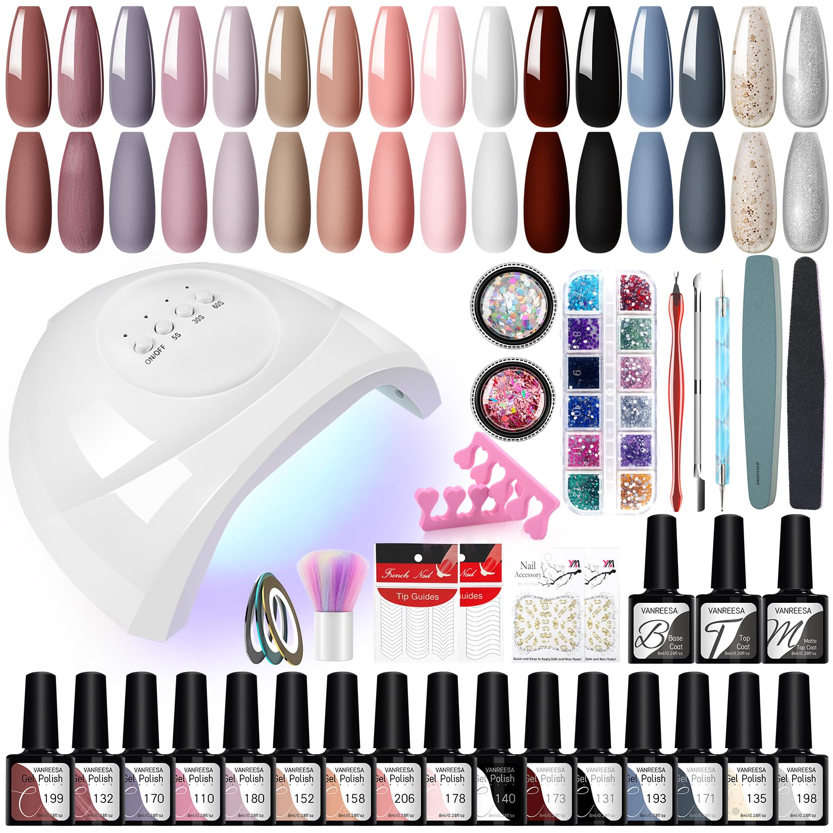 VANREESA Kit Uñas Semipermanentes 16 Colores con Lámpara U V 48W Uñas Semipermanentes Kit Completo con Mate Top Base Coat Set Manicura Regalos para Mujeres