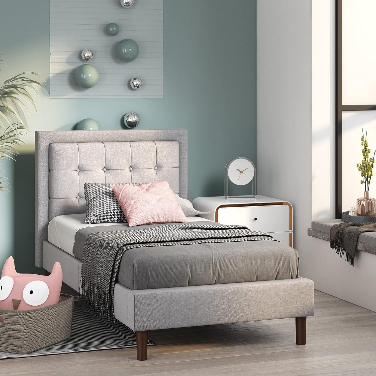 Zinus Dachelle Single Bed Frame Furniture Upholstered Fabric Tufted