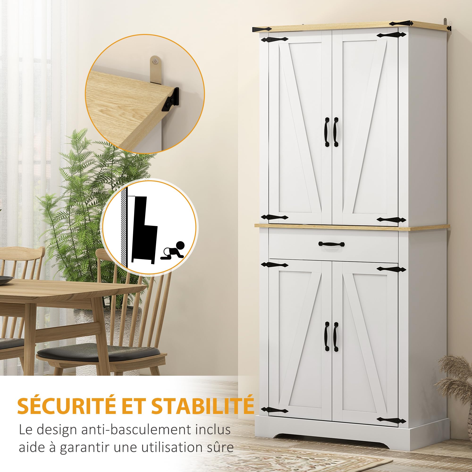 HOMCOM Armoire de Cuisine Buffet Cuisine 4 Portes 76,5 x 40 x 181 cm Blanc