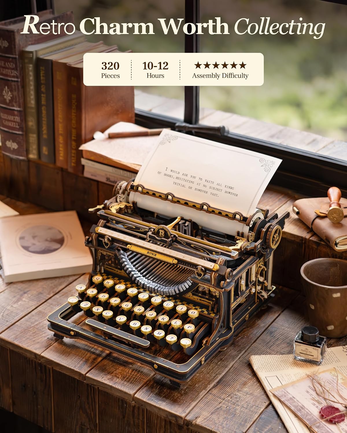 ROKR 3D Wooden Mechanical Typewriter with detailed specifications listed