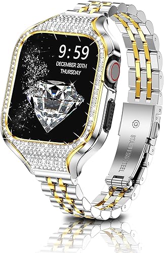 MioHHR Funda de metal brillante con correa compatible con correas de Apple Watch Series 8 7 1614in Series SE 6 5 4 1575in acero inoxidable para