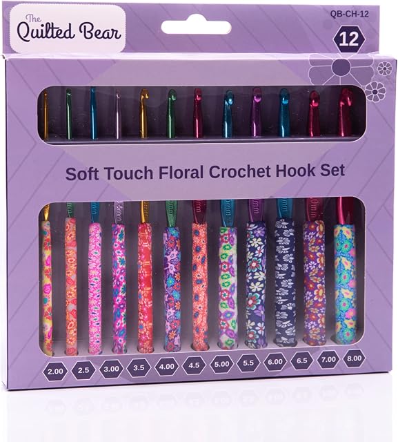 The Quilted Bear Crochet Hook Set - Premium Soft Grip Floral Crochet Hooks with Ergonomic Polymer Clay Handle 12 Hook Set (2mm, 2.5mm, 3mm, 3.5mm, 4mm, 4.5mm, 5mm, 5.5mm, 6mm, 6.5mm, 7mm & 8mm)