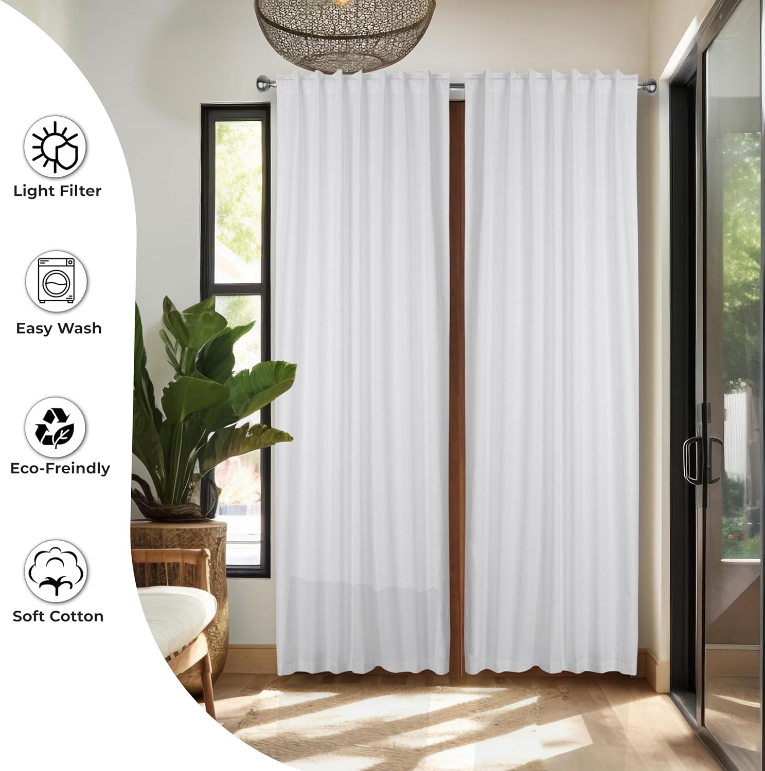 Ramanta Home Cotton Semi Sheer Curtains 50x108 Inches - Set of 2 Farmhouse Textured Slub Fabric Light Filtering Long Window Curtain Panels for Boho Rustic Décor Back Tab Window Linen Drapes - White