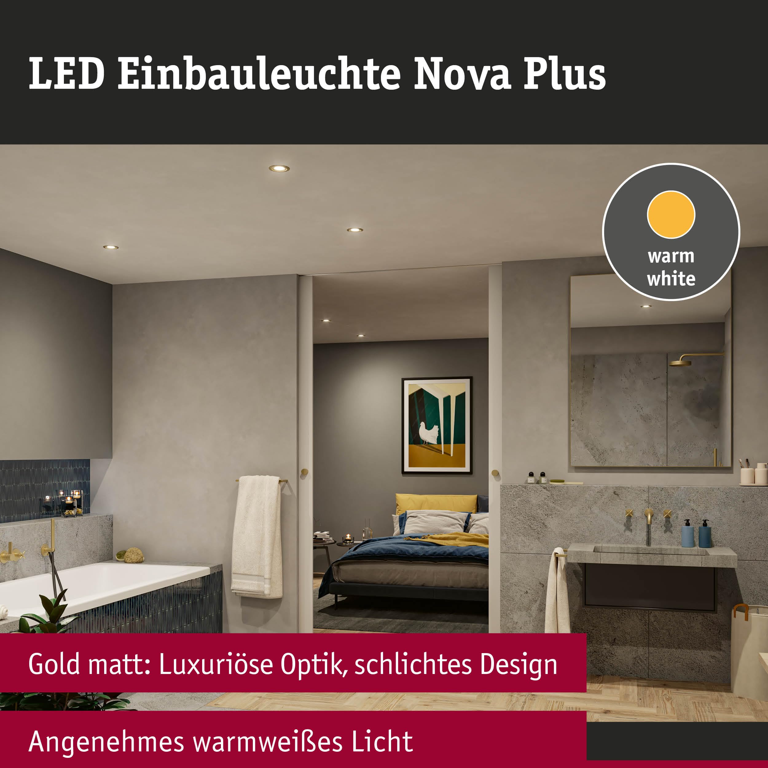 Paulmann 92408 Nova Plus - Foco empotrado (LED, IP65, redondo, 93 mm, 30 °, GU10, 3 x 6 W, 3 x 460 lm, 230 V, regulable 2700 K, color dorado mate