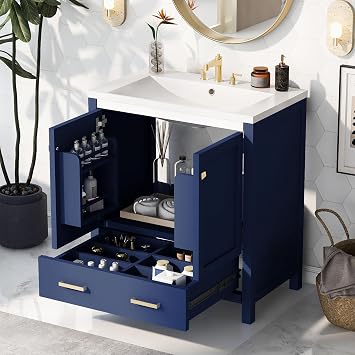 30" Bathroom Vanity with Sink, Modern Single Basin Vanity Set w/Ceramic Basin Sink Top, Wood Bathroom Cabinet with 2 Doors with Shelves and Big Drawer with Removable Divider, Blue