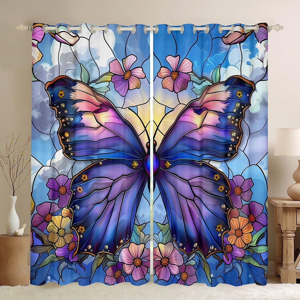 Rideaux papillons aquarelle et marguerites de printemps pour salon et jardin