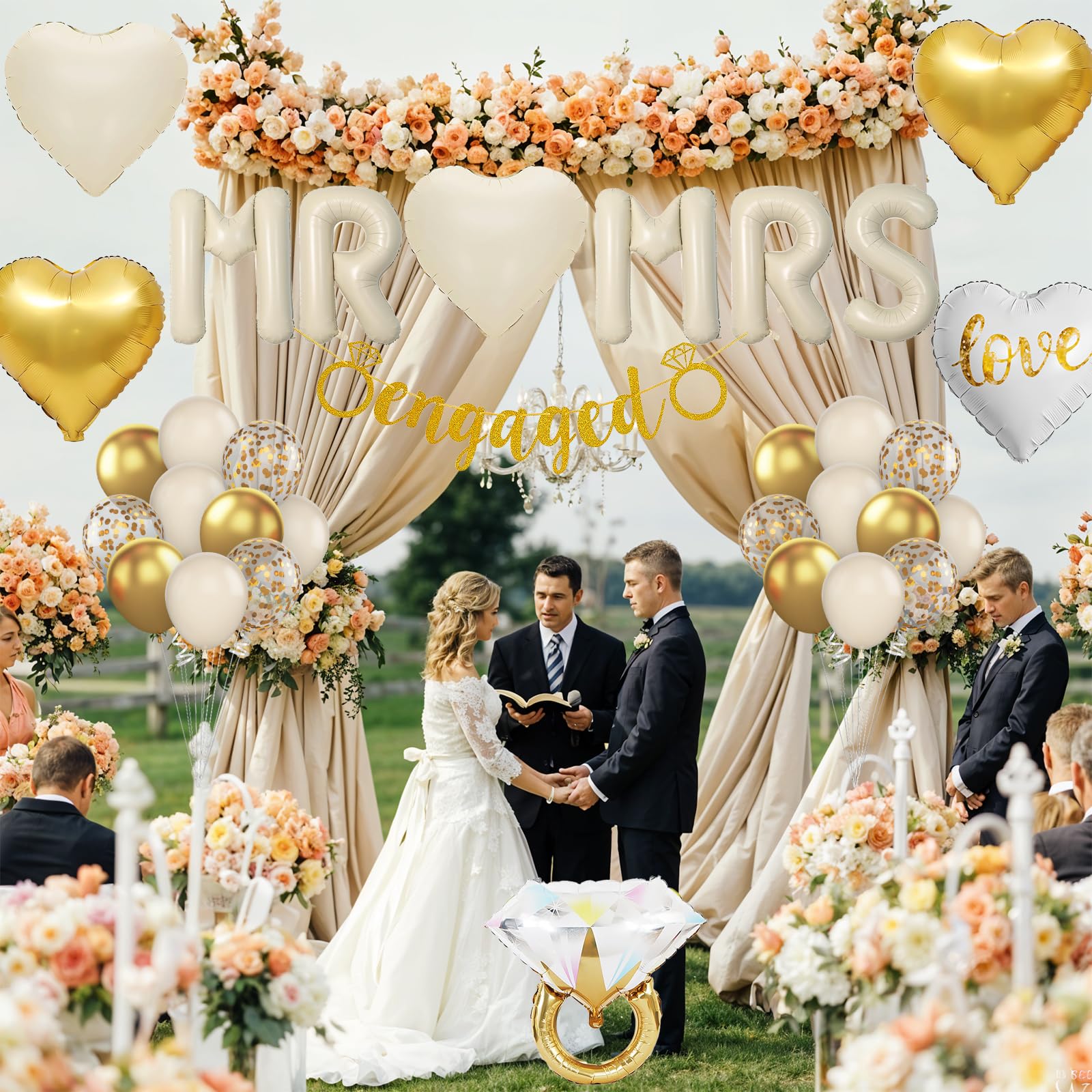 Decoraciones de fiesta de compromiso blanco arena, decoración de globos de MR y MRS, globos de confeti de oro blanco, corazón de amor y anillo de diamante con pancarta de compromiso para decoración de