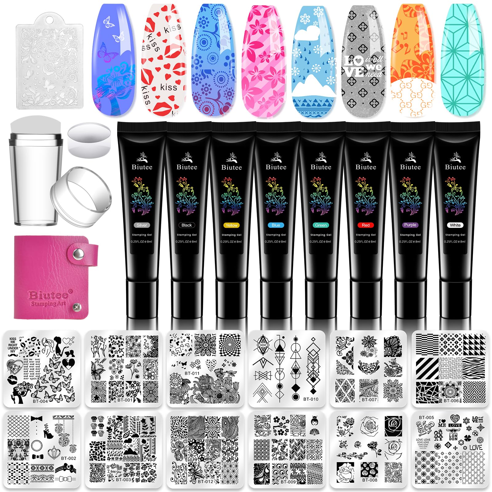 Biutee Set de Stamping Nail Art Kit d'estampage d'ongles 15 pièces modèles d'art d'ongle avec motifs d'animaux, de feuilles et de fleurs 1 Tampon 2 Grattoir 1 Paquet de Cartes