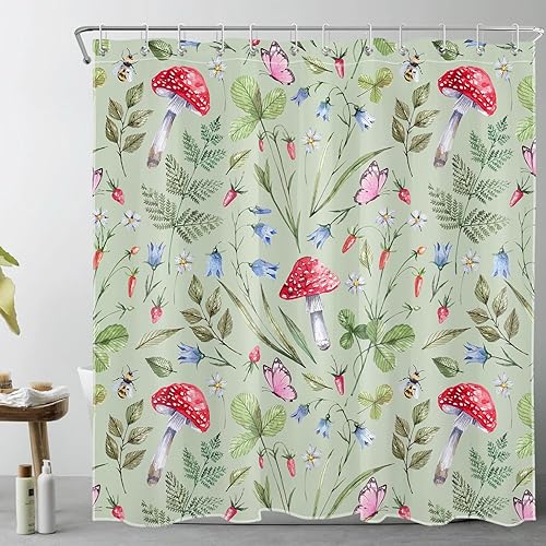 Miniatura 8 de EOBTAIN Cortina de ducha de hongo rojo para baño, diseño de mariposa rosa y azul floral con hojas verdes en beige, cortina de ducha con 12 ganchos,