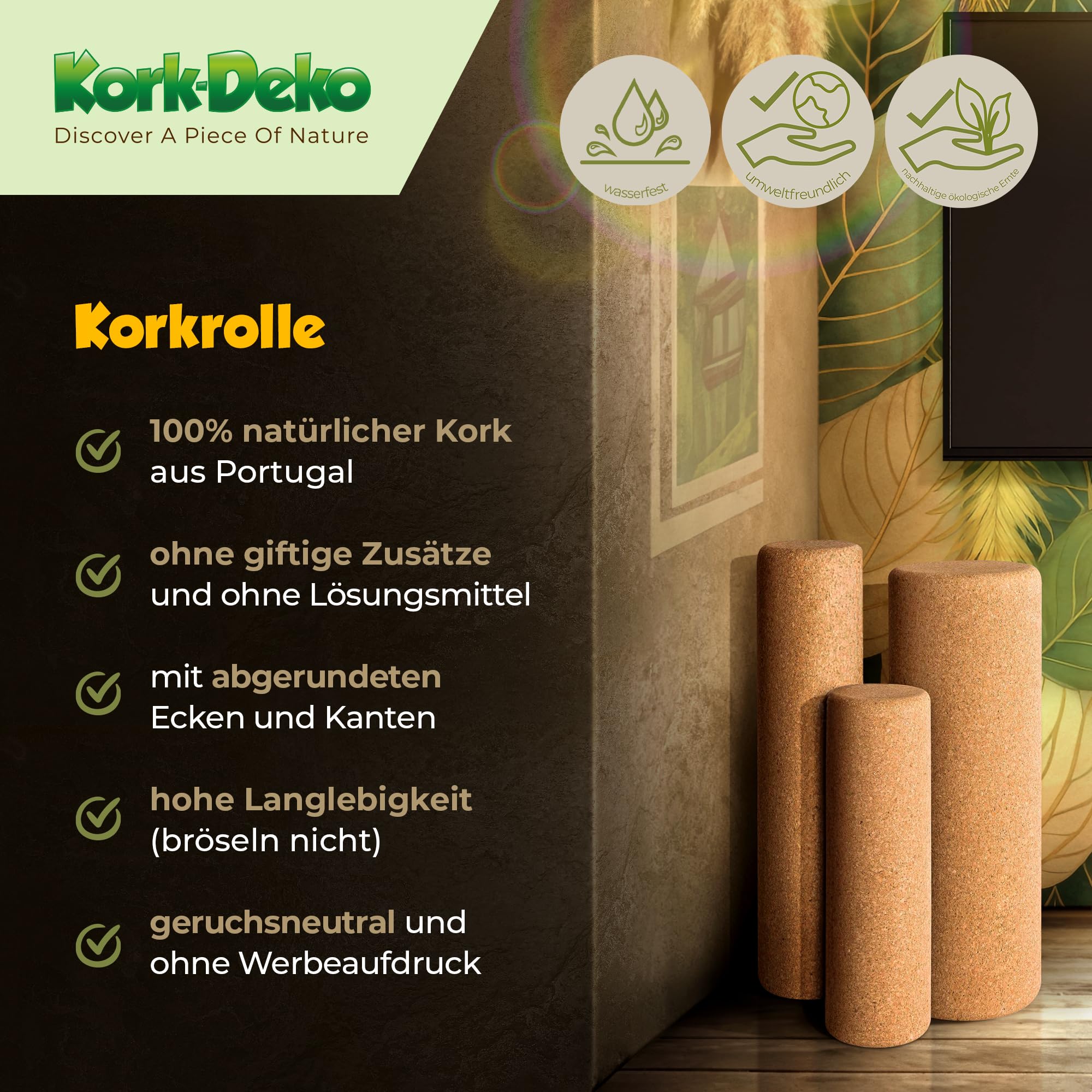 Faszienrolle aus Kork XL – Selbstmassage-Rolle für die Faszien – Fitnessrolle für Yoga Pilates Gymnastik Physiotherapie – Trainingsgerät zur Stärkung des Bindegewebes | 45 cm lang, Durchmesser 15 cm