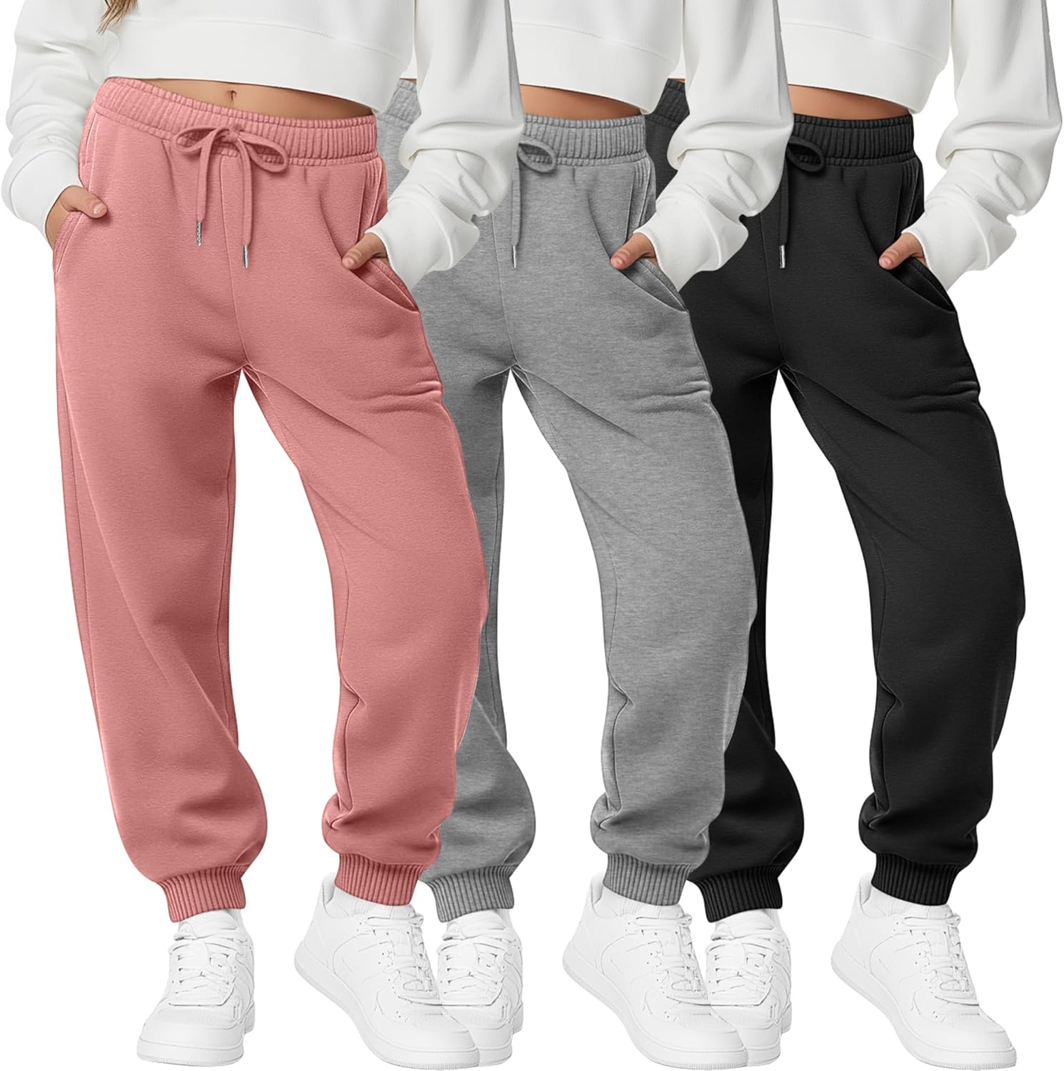 3 Pack Girls Sweatpants Joggers Baggy Ribbed Cuff Elastic Waist Drawstring for Kids Casual Teen Pants with Pockets