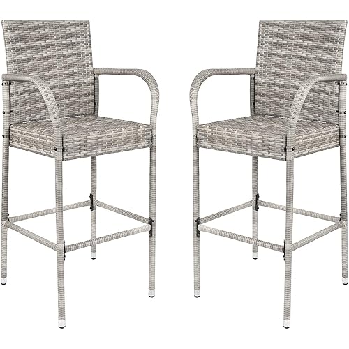 Homall Patio Bar Stools Wicker Barstools Indoor Outdoor Bar stool Patio Furniture with Footrest and Armrest for Garden Pool Lawn Backyard Set of 2 (Gray)