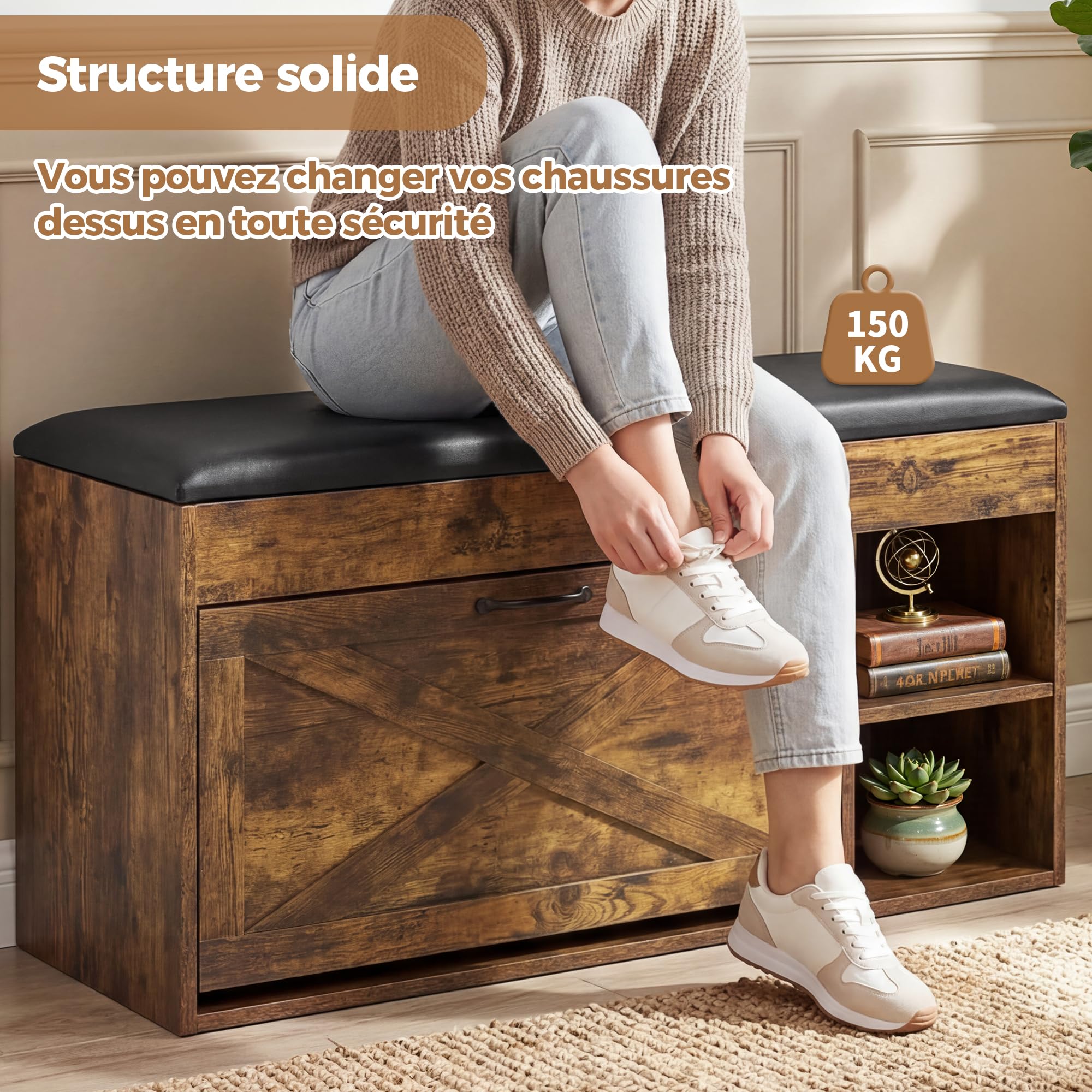 BonVache Banc à Chaussures avec Assise, Banc à Chaussures à 3 Compartiments avec Compartiment de Rangement, étagères réglables, étagère Salon ou l'entrée, Charge maximale de 150 kg, Marron Vintage