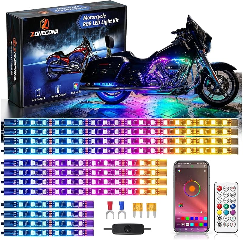 12PCS Chasing Motorcycle LED Underglow Lights Kit Accent Strip | APP/Remote, RGB-IC Dream Color Brake&Turn Signal, Flow Music Sync Waterproof 12V for Cruiser Sport Bike Street Can-Am Ryker
