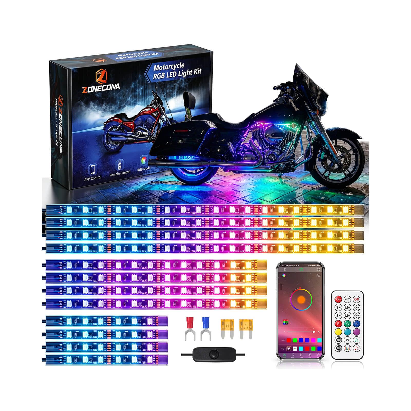12PCS Chasing Motorcycle LED Underglow Lights Kit Accent Strip | APP/Remote, RGB-IC Dream Color Brake&Turn Signal, Flow Music Sync Waterproof 12V for Cruiser Sport Bike Street Can-Am Ryker