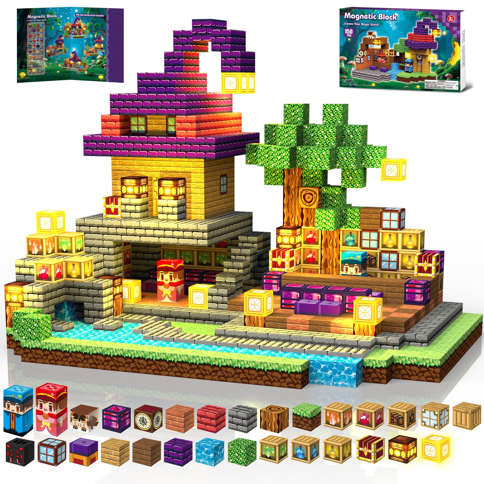 Gryxpox 200PCS Magnetic Blocks - Magnetic School Castle Set with Light Up Blocks - Kids Classroom Sensory Toy for Toddlers STEM (150)