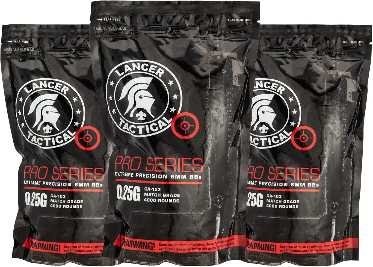 Lancer Tactical 0.25g White Seamless Polished Quality Airsoft BBS - Three Bags of 4,000 Rounds Each (Total 12,000 Rounds)