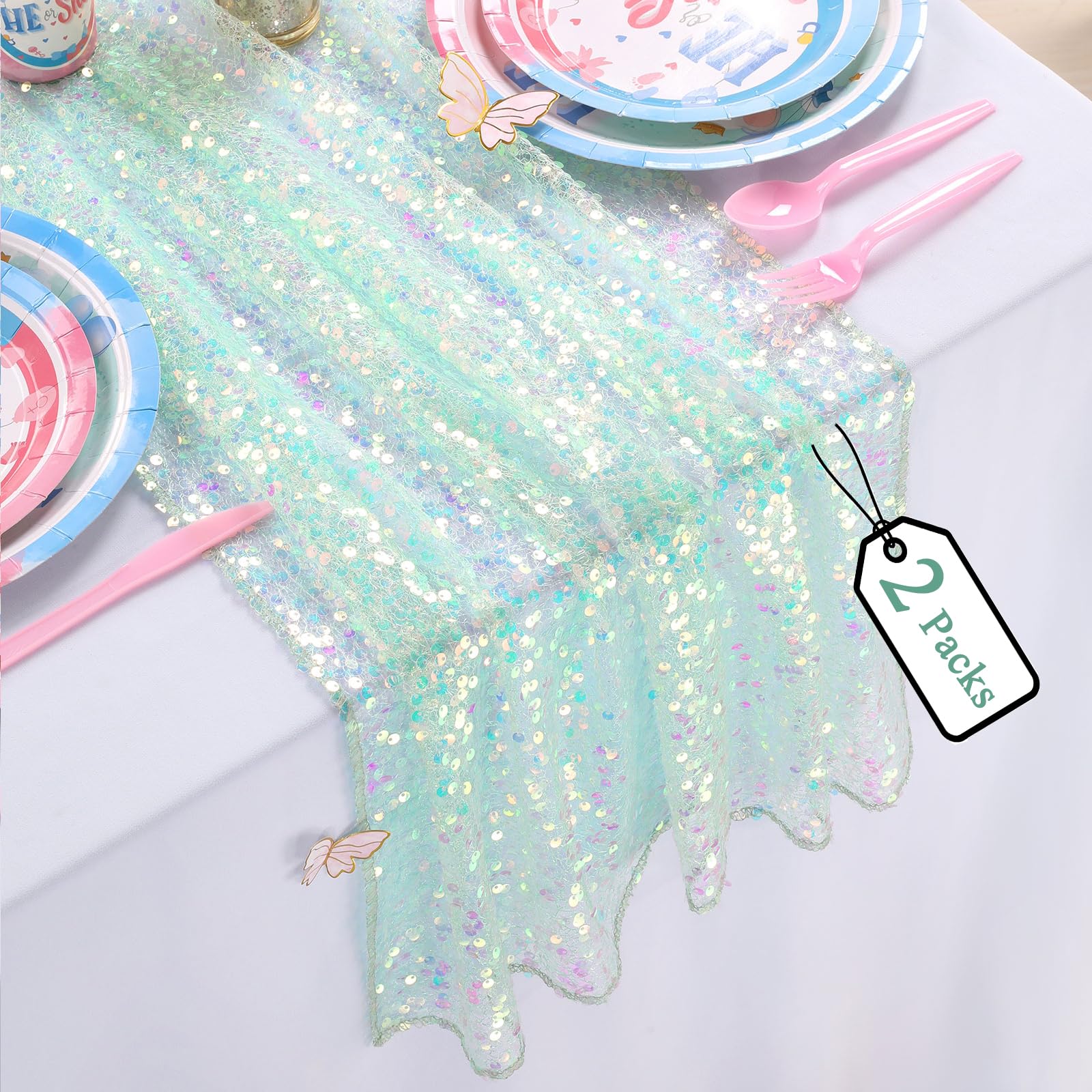 Sequin Table Runner 120 Inch 10FT, Green Dining Holiday Wedding Prom Events Mermaid Birthday Party Decortaions 2 Pieces