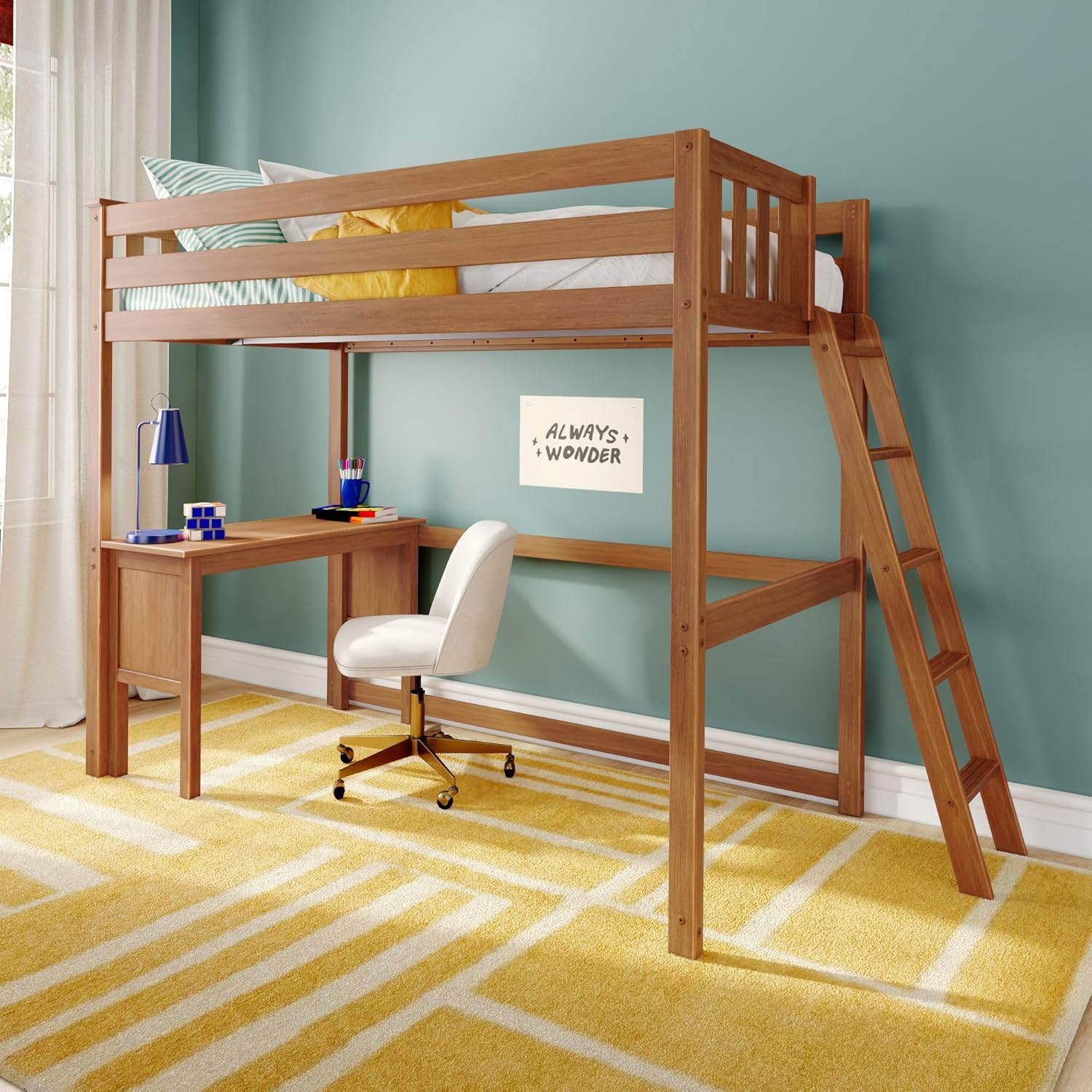 Max & Lily Classic Twin High Loft (Ladder on end) + Desk, Pecan