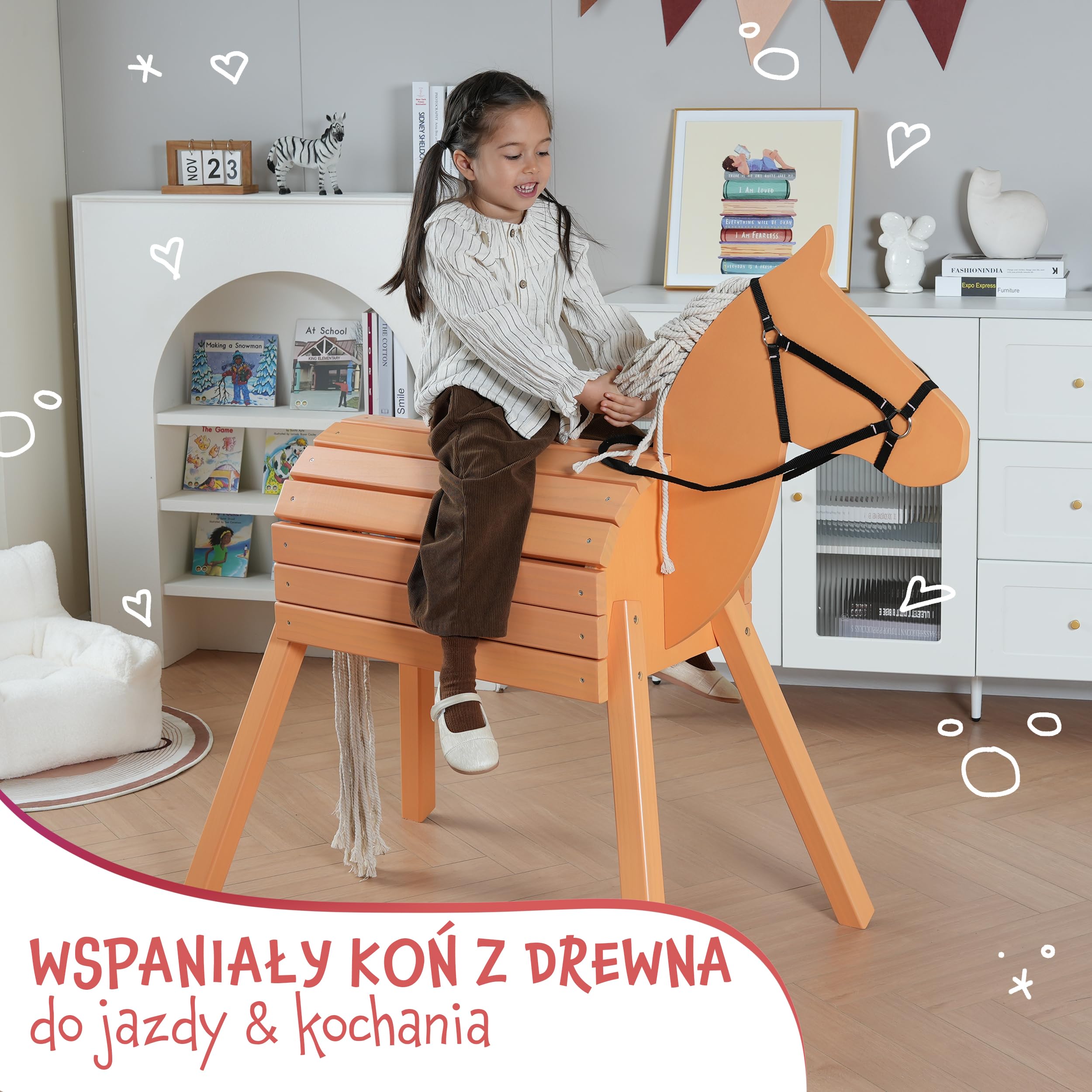 Pink Papaya Drewniany koń do użytku na zewnątrz, konik jeździecki z drewna dla dzieci, koń do zabawy XXL, do ogrodu, na zewnątrz, drewniany koń z grzywą i ogonem