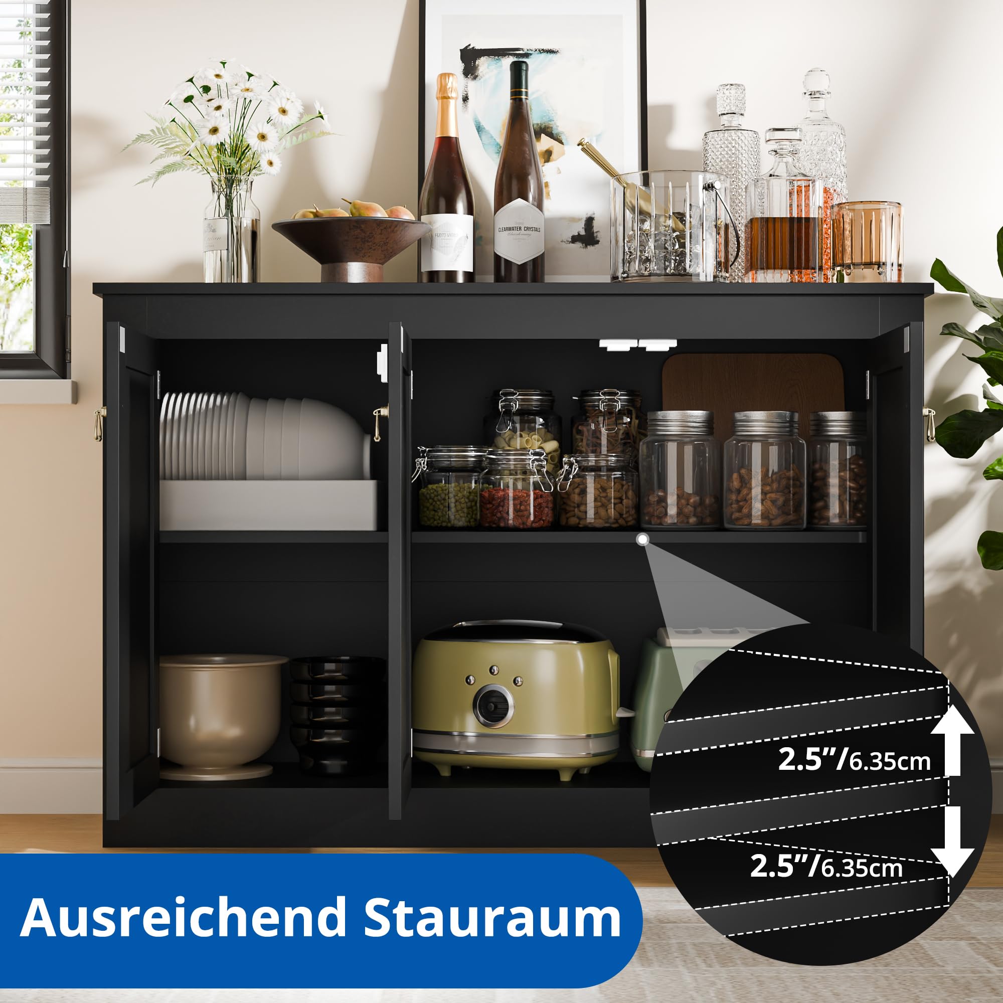 Sideboard, küchenschrank, mit 3 Türen und verstellbare Ablagen, 113 cm lang, buffetschrank, Aufbewahrungsschrank,Holzkommode für Küche,Wohnzimmer, Flur und Esszimmer (Schwarz, 113B cm)