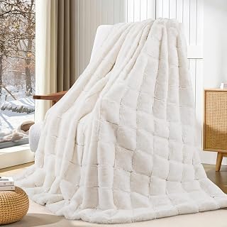 Touchat 1000GSM Faux Fur Throw Blanket - Ultra Thick 3D Checkered White Fluffy Rabbit Fur for Bed Couch Winter Cozy Gift