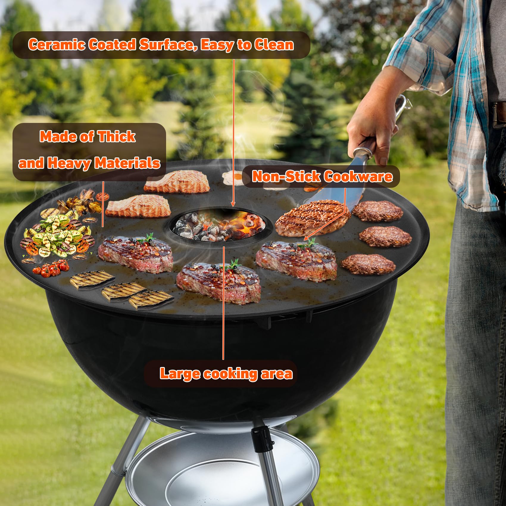 Onlyfire Weber grill grill węglowy 57 cm Kettle, okrągły wędzarnia bębnowa i grill, okrągła żelazko nieprzywierająca powłoka ceramiczna, 3 paski podtrzymujące