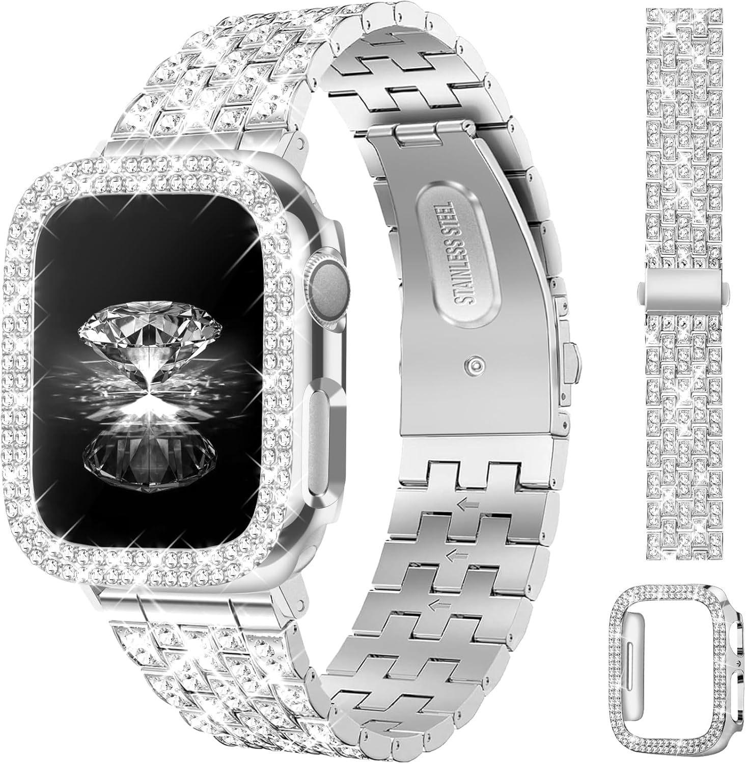 JR.DM Diamond Bands with Bling Case Women Compatible with Apple Watch 40mm 38mm 41mm 44mm 45mm 42mm 46mm 49mm Luxury Metal Bracelet Replacement Strap for iWatch Series Ultra/SE/10/9/8/7/6/5/4/3/2/1 JR.DM Diamond Bands with Bling Case Women Compatible with Apple Watch 40mm 38mm 41mm 44mm 45mm 42mm 46mm 49mm Luxury Metal Bracelet Replacement Strap for iWatch Series Ultra/SE/10/9/8/7/6/5/4/3/2/1