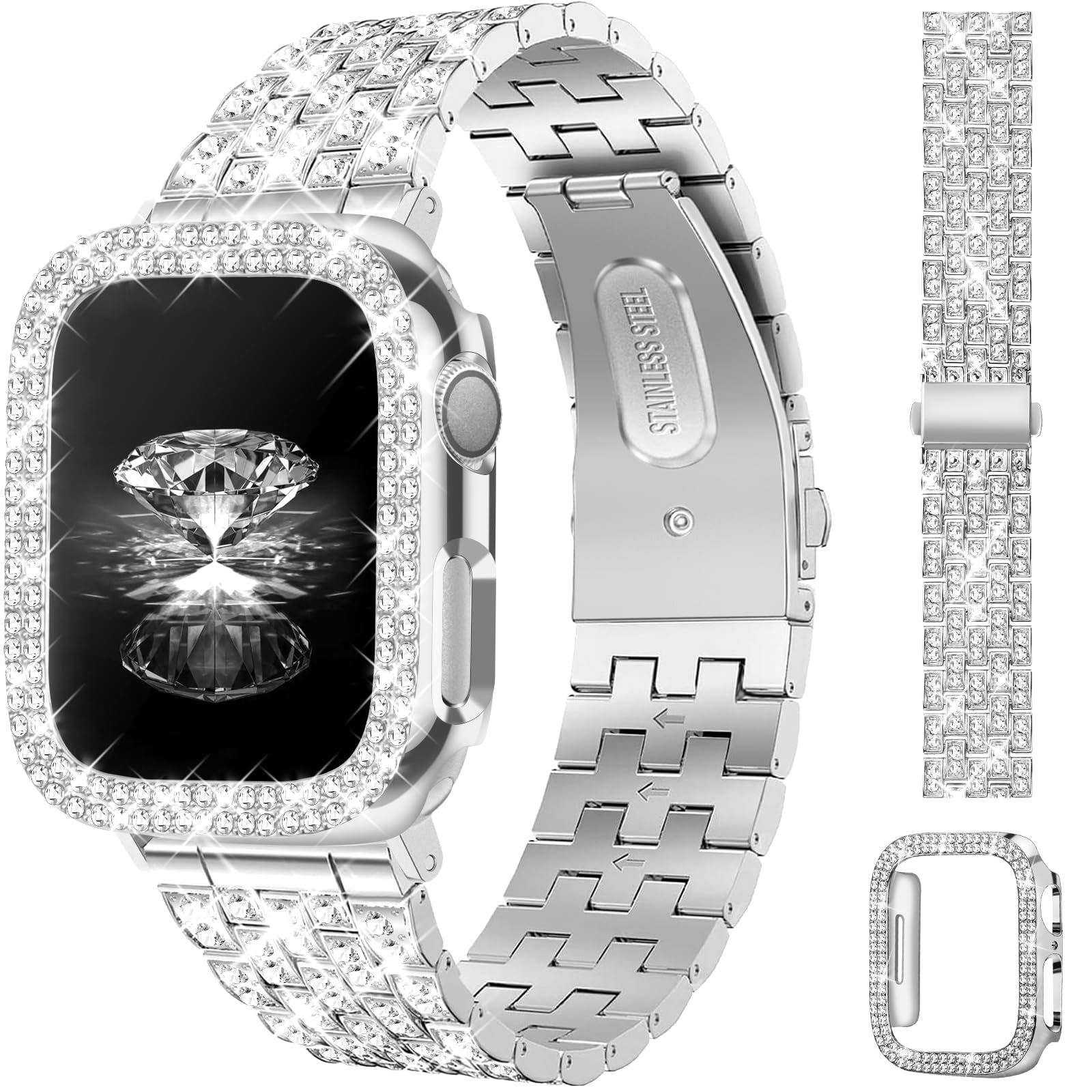 jr.dm diamond bands with bling case women compatible with apple watch 40mm 38mm 41mm 44mm 45mm 42mm 46mm 49mm luxury metal bracelet replacement strap for iwatch series 11/10/9/8/7/6/5/4 se/ultra 3/2/1