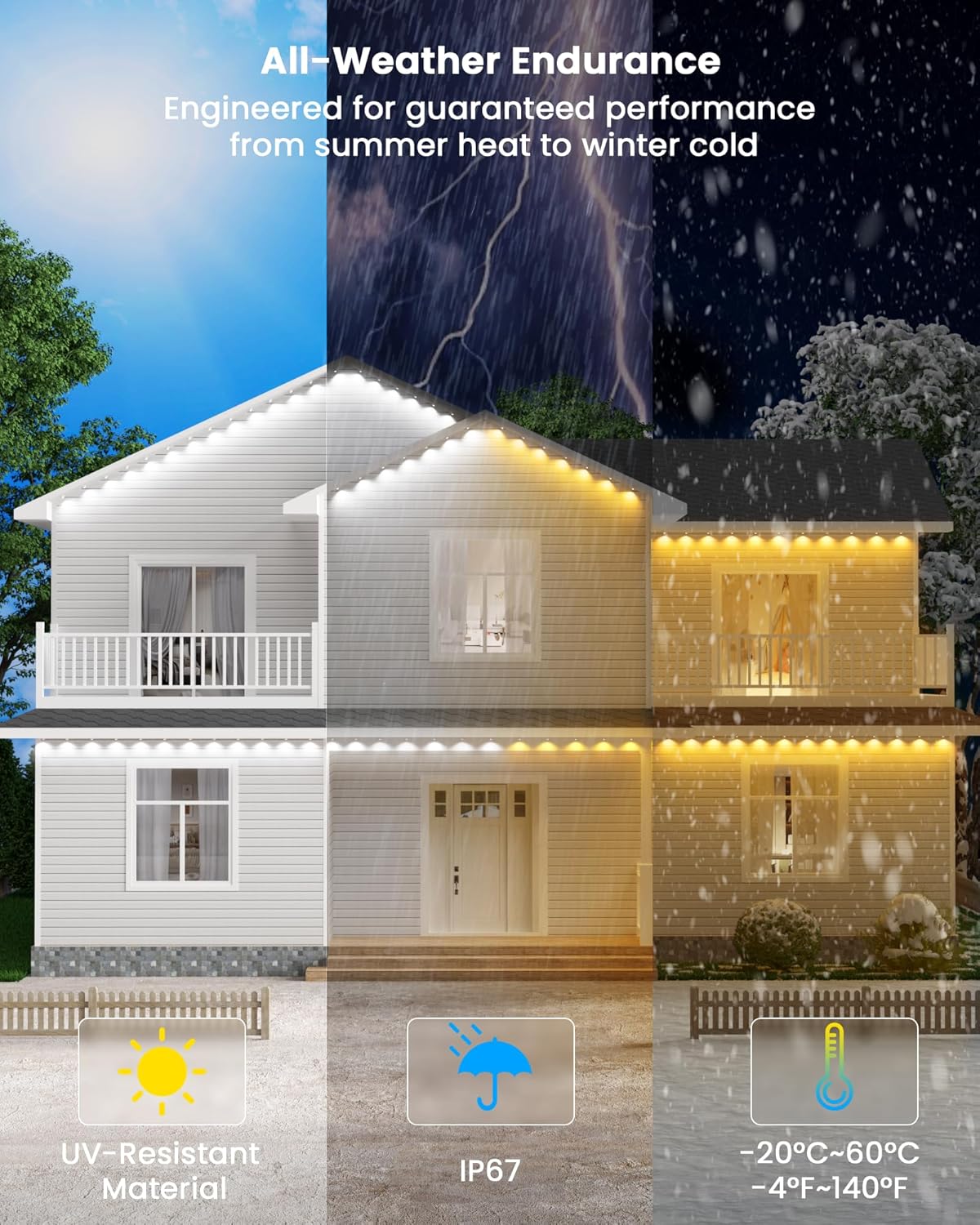 Gefolly Permanent Outdoor Lights Pro, 100ft with 60 RGBW Double-LED Lights 111 Scene Modes for Daily, Halloween, Christmas, IP67 Waterproof for Outdoor Decor, Works with Alexa, Google Assistant, White