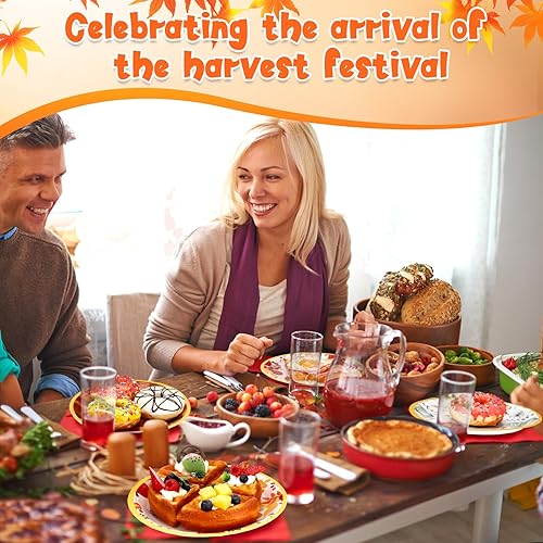 Miniatura 6 de Uiifan 120 platos de papel de otoño de Acción de Gracias, diseño retro, hoja de arce, calabaza, a cuadros, platos de postre desechables, platos