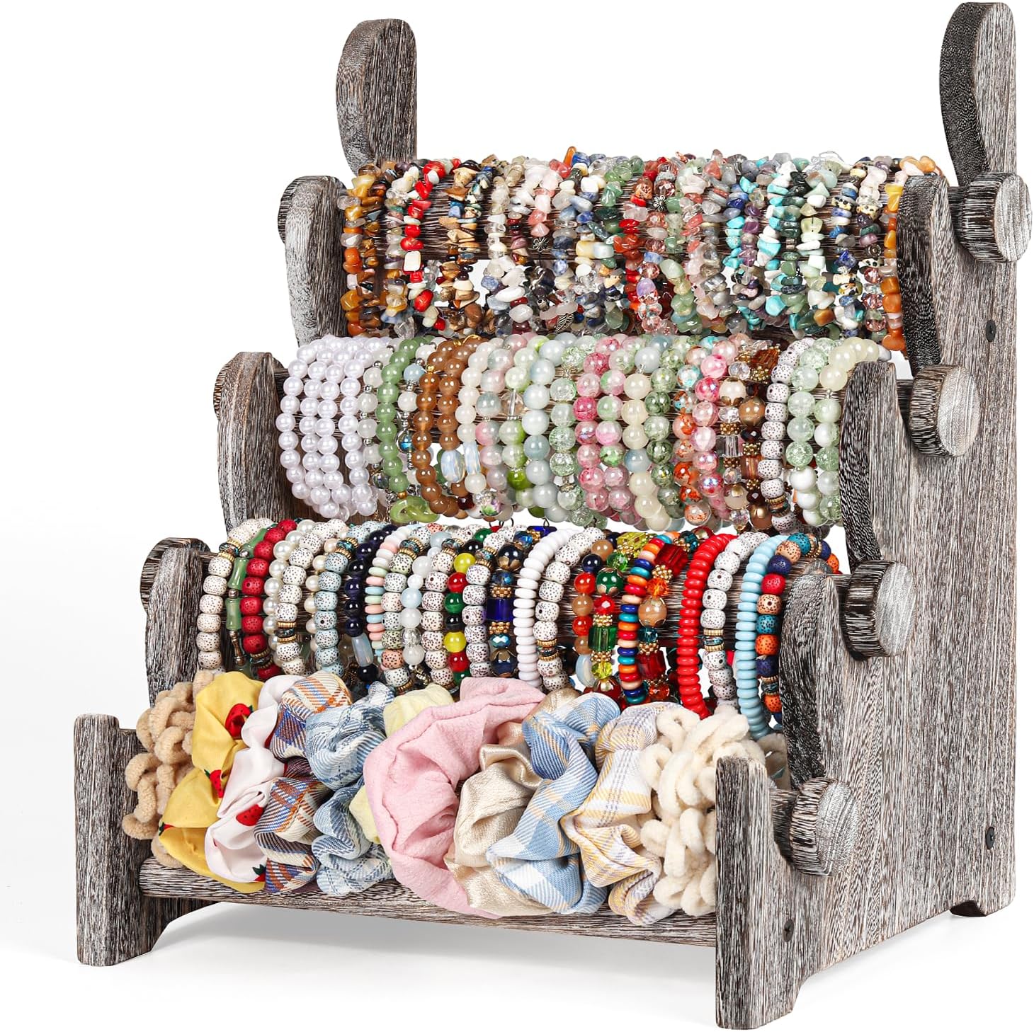 TOPNEW 4 Tier Wooden Bracelet Holder,Scrunchie Bangle Watch Necklace Display Storage Jewelry Holder Stand Display Organizer,Antique White