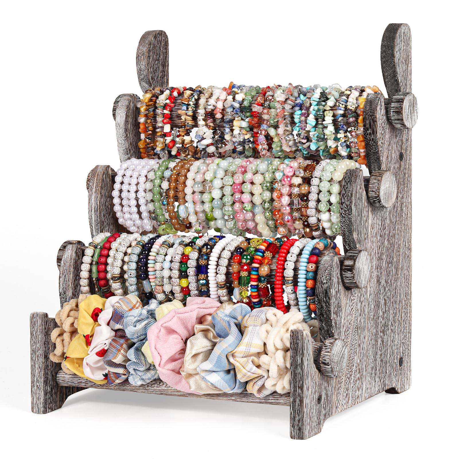 TOPNEWTOPNEW 4 Tier Wooden Bracelet Holder,Scrunchie Bangle Watch Necklace Display Storage Jewelry Holder Stand Display Organizer,Antique White