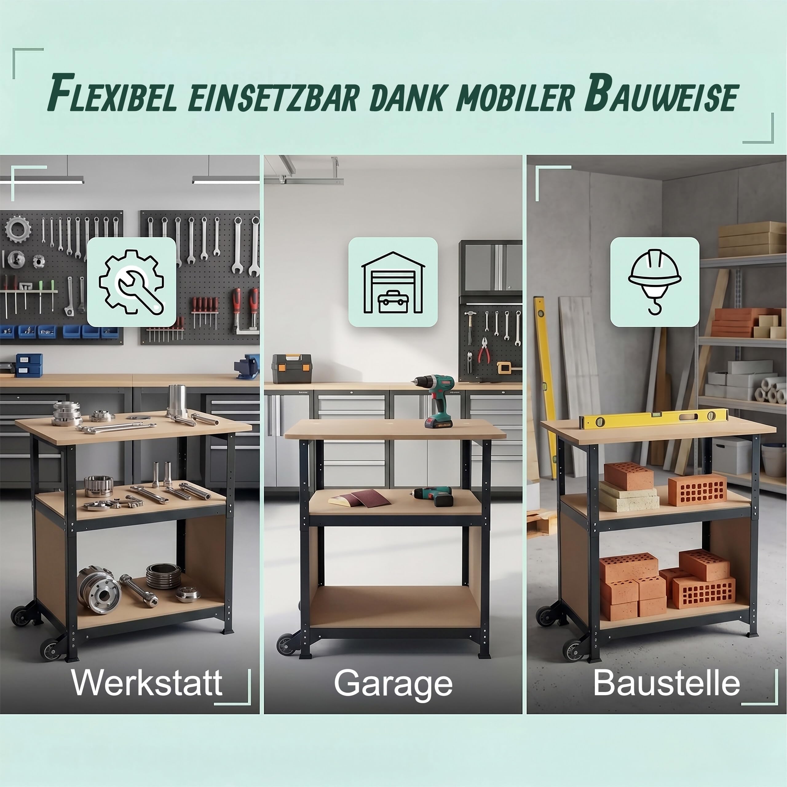 Relaxdays Werkbank, mit Rollen, HBT: 69,5x72,5x50 cm, höhenverstellbar, Werktisch mit Lochwand, Stahl & MDF, schwarz