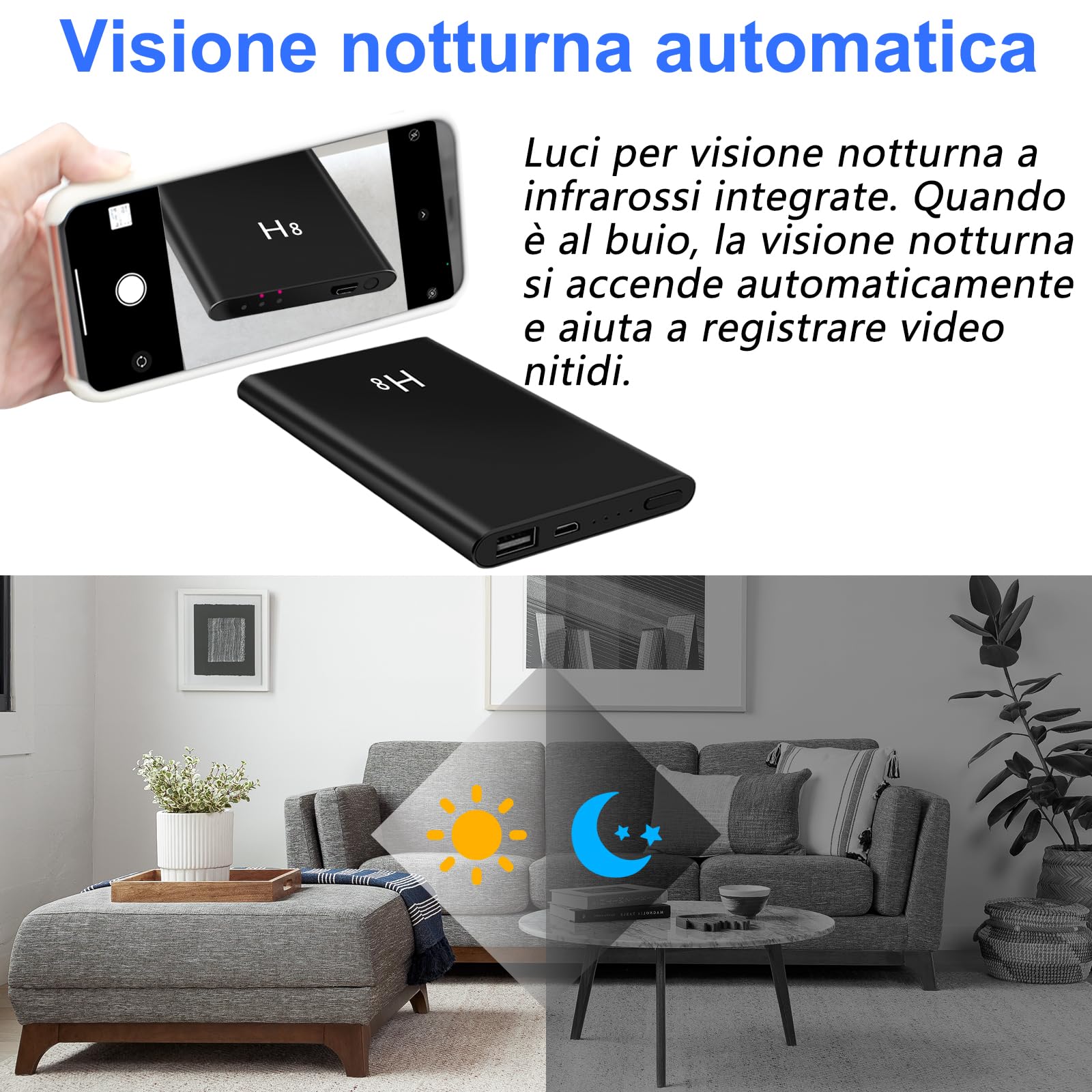 TANGMI Telecamera Spia, Sensore di Gravità 1080P HD Mini Telecamera Spia Nascosta 5000mAh con Visione Notturna & Cavo di Ricarica 3-in-1 per la Ricarica di Dispositivi Mobili