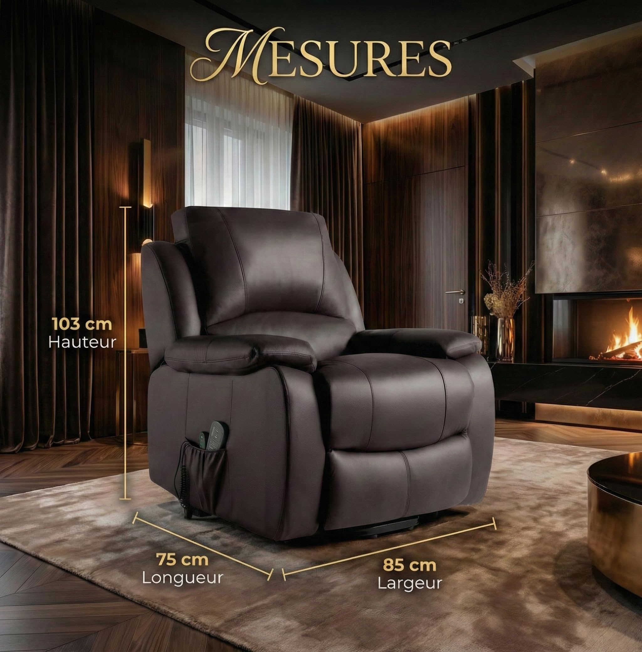 ECODE Fauteuil Releveur Électrique en Cuir de Vachette avec Massage et Chaleur Lombaire - Inclinaison 160° et Fonction Aide au Lever - Relax Idéal pour Personnes Âgées