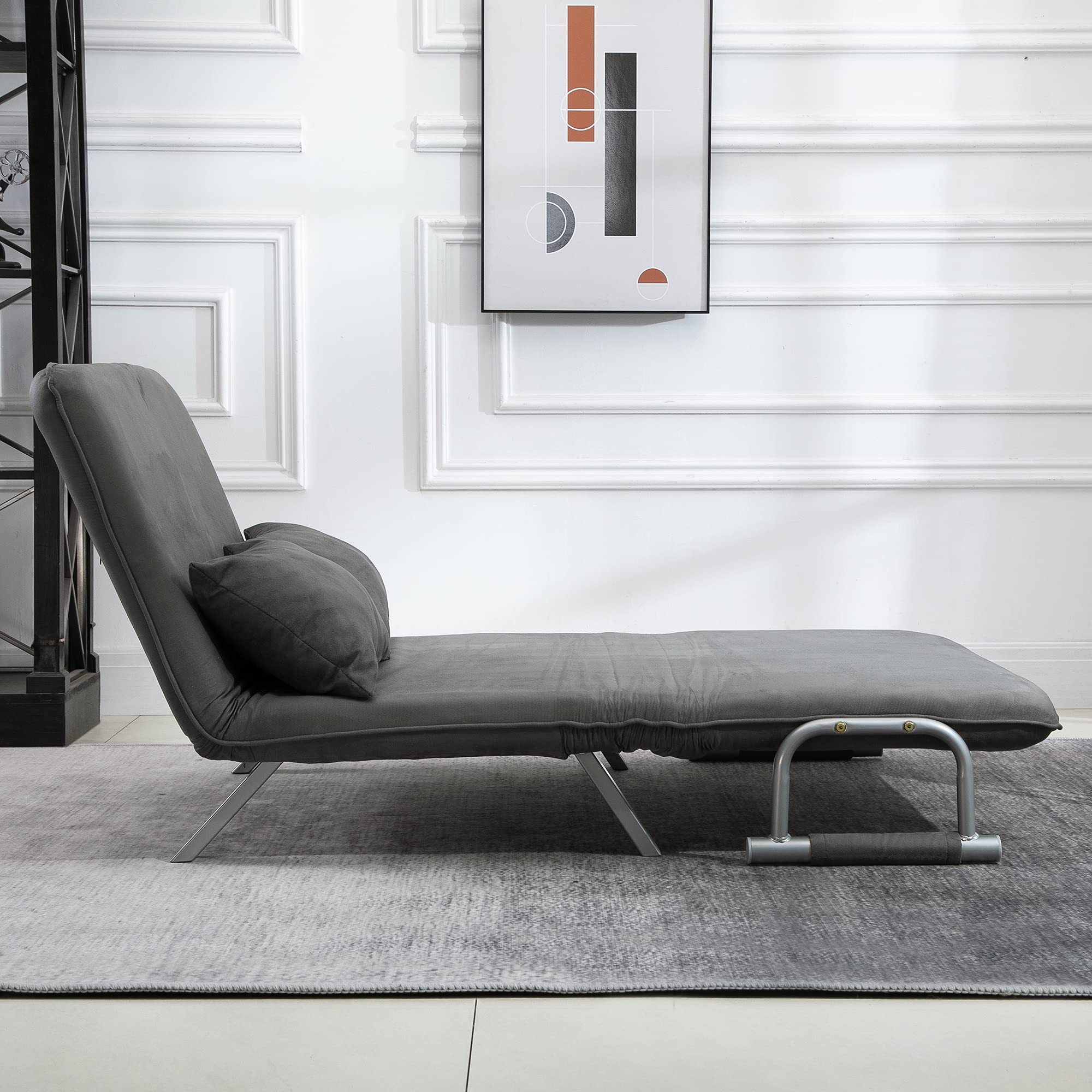 HOMCOM Divano Letto 2 Posti 3 in 1 in Pelle Scamosciata Sintetica con Schienale Regolabile in 5 Posizioni, Divano 2 Posti con 2 Cuscini, Seduta Imbottita, 111x80x78 cm, per Soggiorno, Grigio