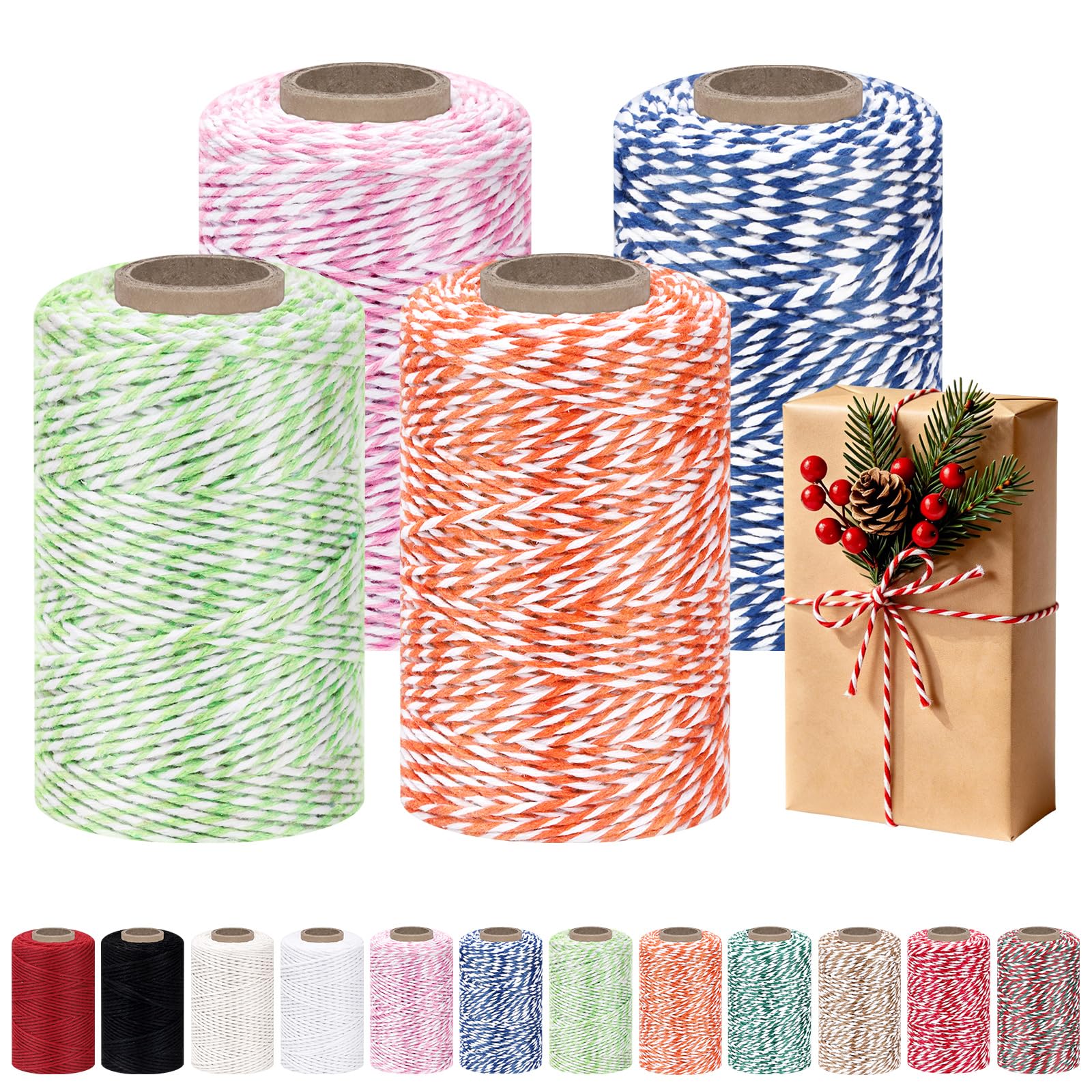 Glarks 4pcs 100m Twine, 4 Colors Cotton Bakers Twine, Bakers Twine including Blue, Light Green, Orange and Pink, each with White Twisted Yarn, Colorful String for Knitting, Gift Wrapping, DIY