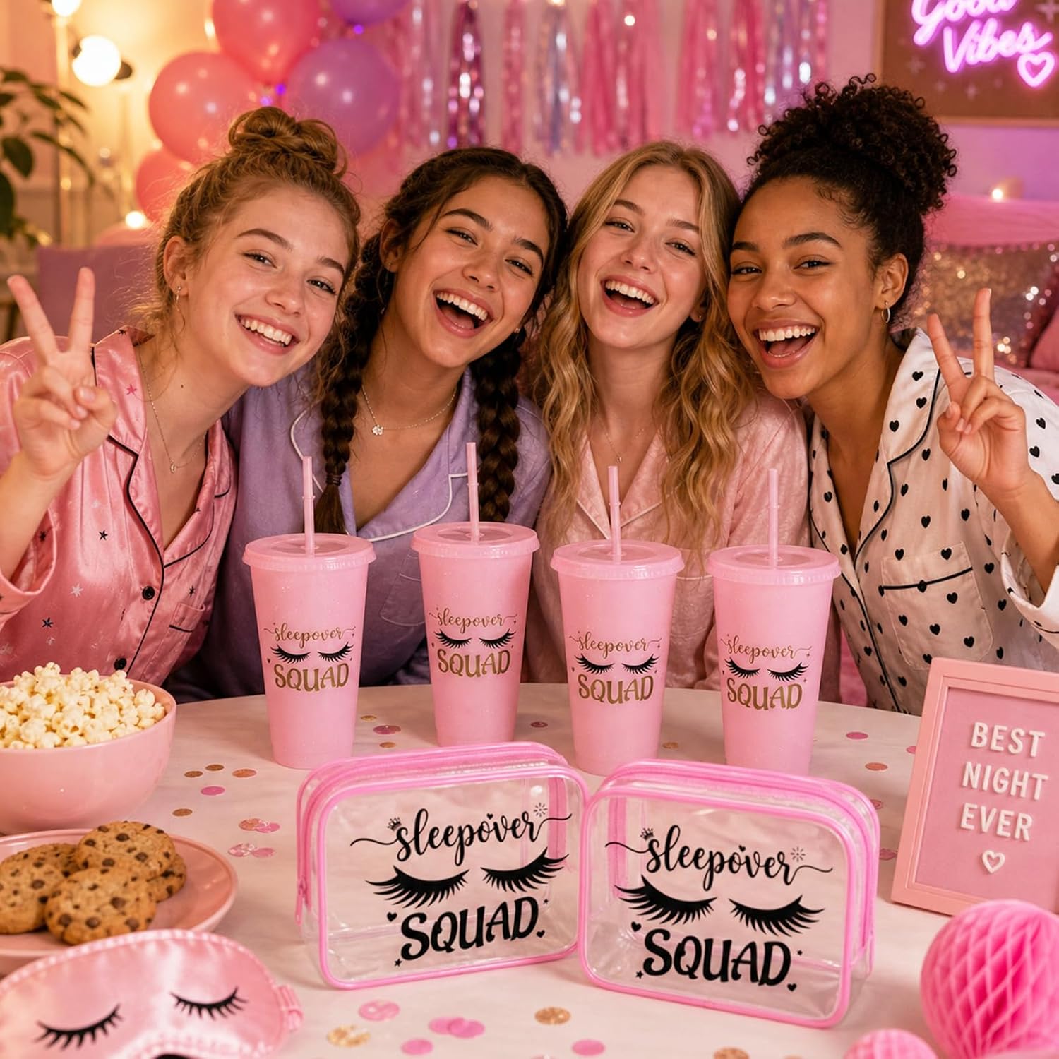 8 Sets Sleepover Party Supplies for Girls - 24oz Slumber Party Plastic Cups with Lid Straw，Clear PVC Makeup Bag - for Sleepover Party Favors, Birthday, Spa Party Supplies