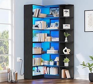 YITAHOME Corner Bookshelf and Bookcase with LED Light, Black Bookshelf 6...