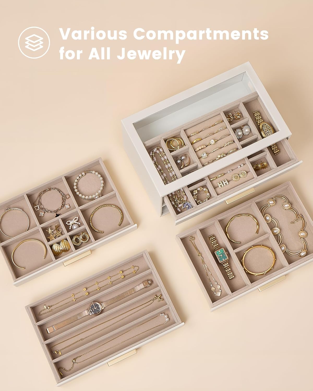 Lolalet 4-Layer Jewelry Box Organizer Bundle with Stackable Jewelry Drawer Organizer Inserts