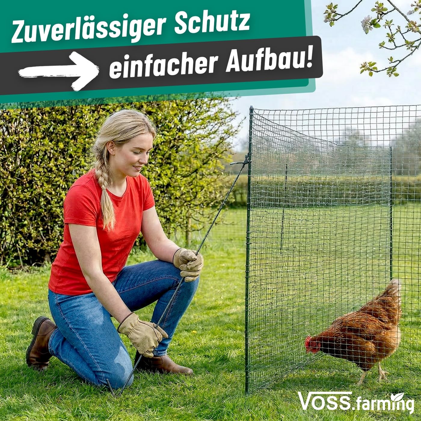 VOSS.farming Begrenzungszaun Classic ohne Strom, 20m, 120cm, 12 Pfähle, 1 Spitze, grün, Kleintiernetz, mobiler Zaun, Gartenzaun, für Garten, Haus, Hof