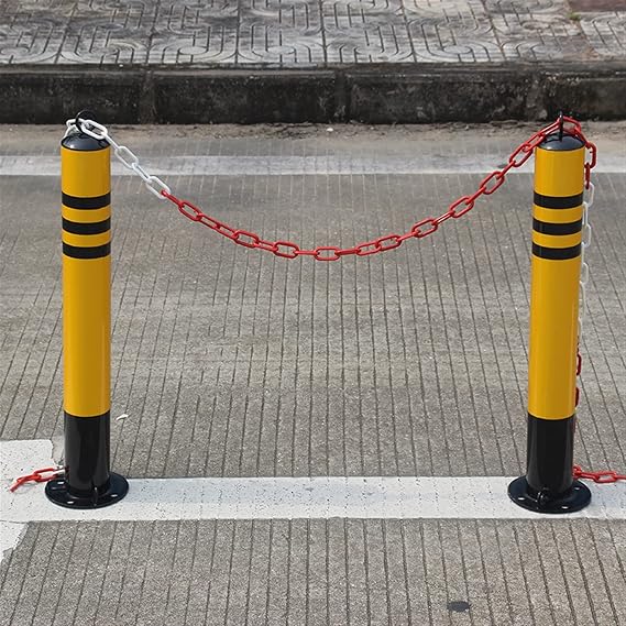 Parking Guardrails Car Parking Space Lock Bollard,2 Pieces Folded Steel Parking Bollard With 3 Meters Plastic Chain Upper Lock Parking Barrier Post (Color : Black-yellow, Size : 650x76MM) (Black yello